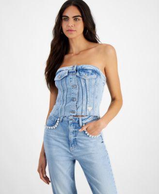 Guess Womens Sofia Button Front Denim Strapless Top Product Image