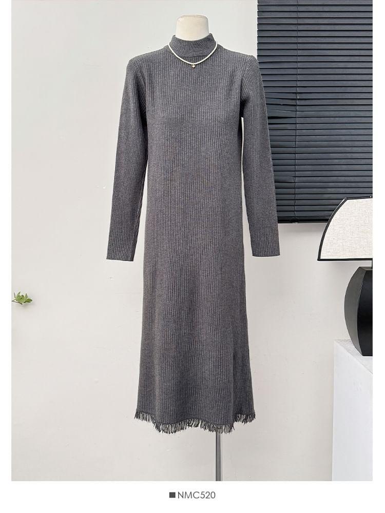 Fringed-Hem High-Neck Knit Dress Product Image