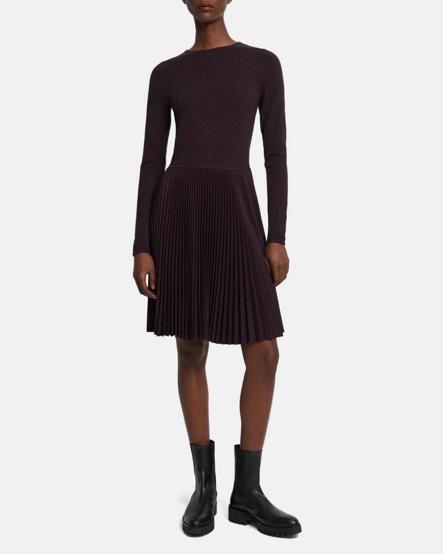 Pleated Long Sleeve Dress in Wool-Blend Flannel Product Image