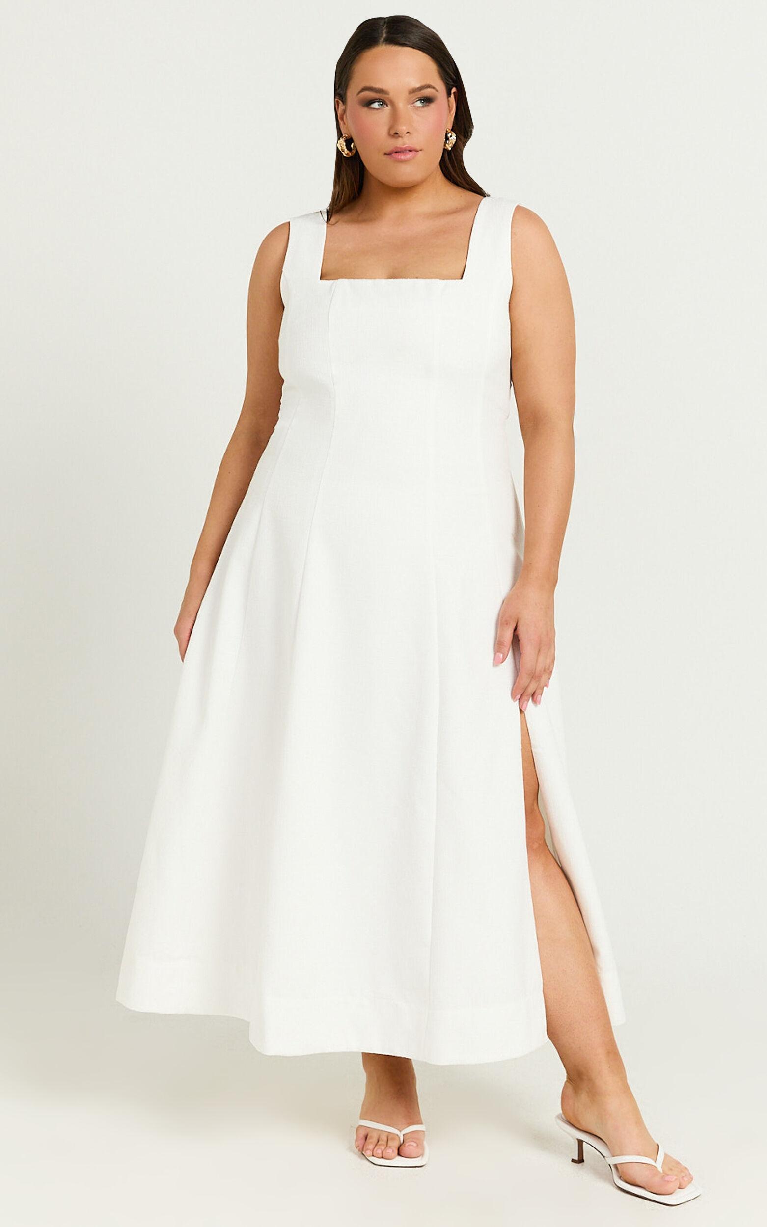 Walters Midi Dress - Square Neck Shirred Back Fit and Flare Panel Dress in White Product Image