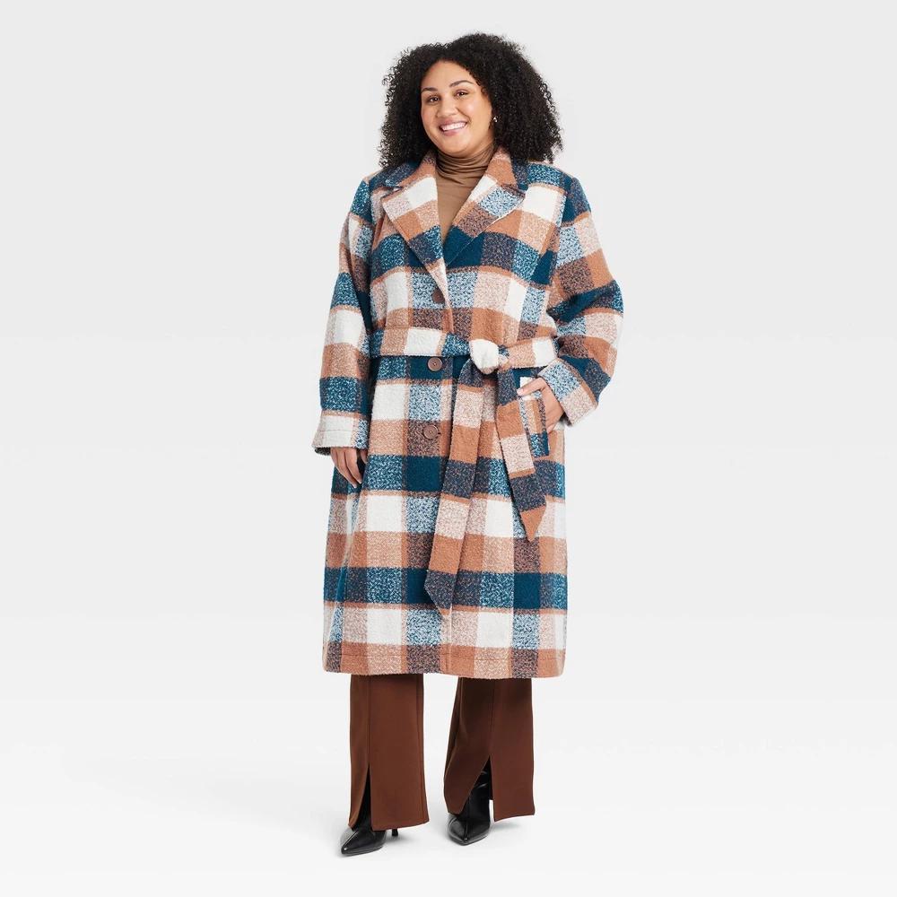 Womens Long Wool Overcoat - Ava & Viv Brown Plaid 3X Product Image