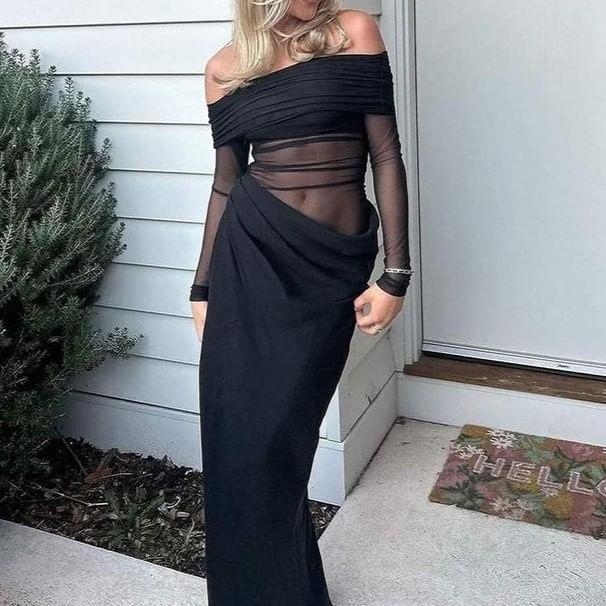 Long-Sleeve Off Shoulder Mesh Maxi Sheath Dress Product Image