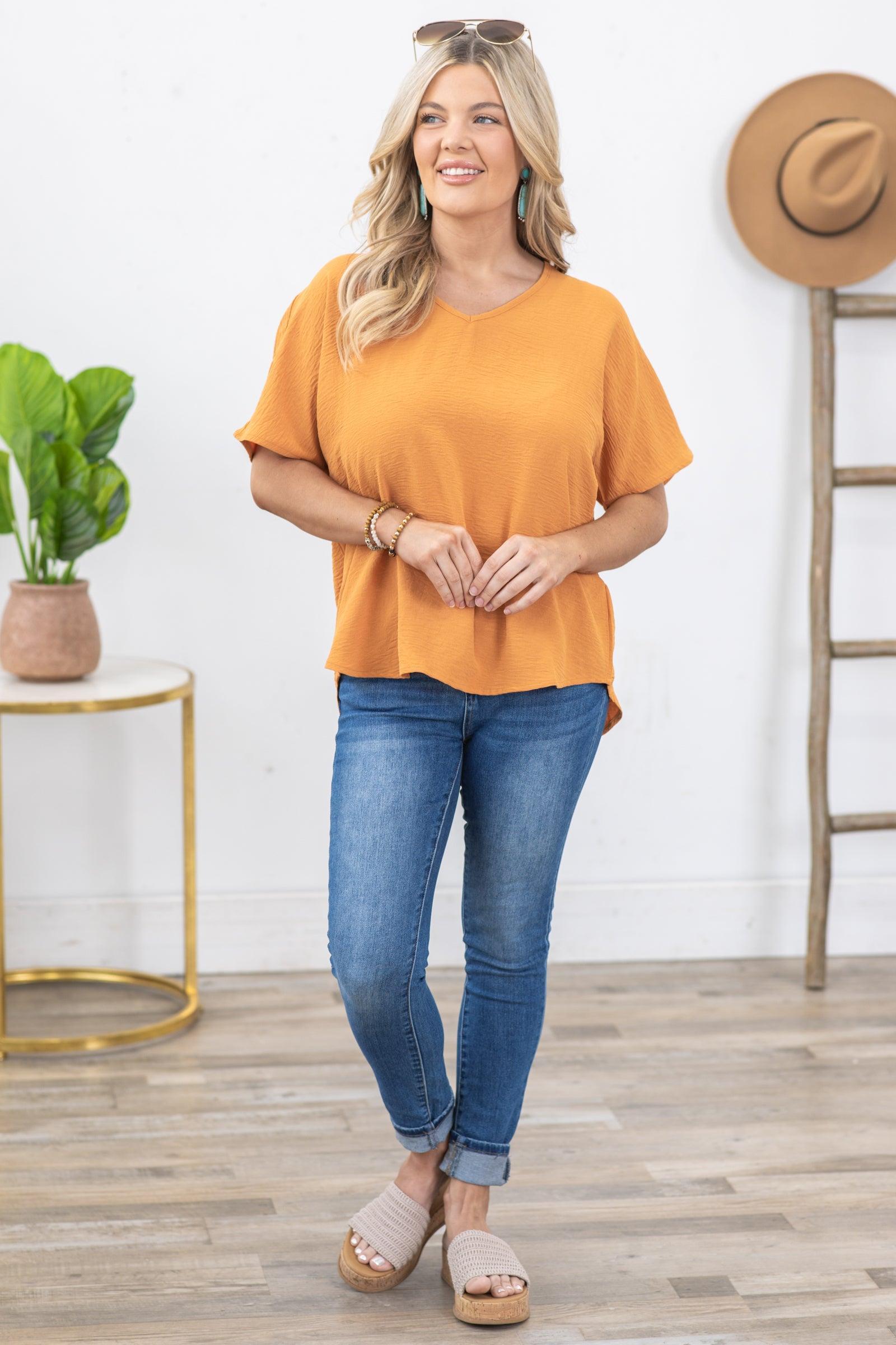 Orange V-Neck Airflow Woven Top Product Image