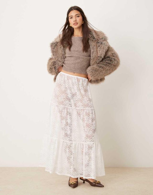 Miss Selfridge tiered lace maxi skirt in cream Product Image