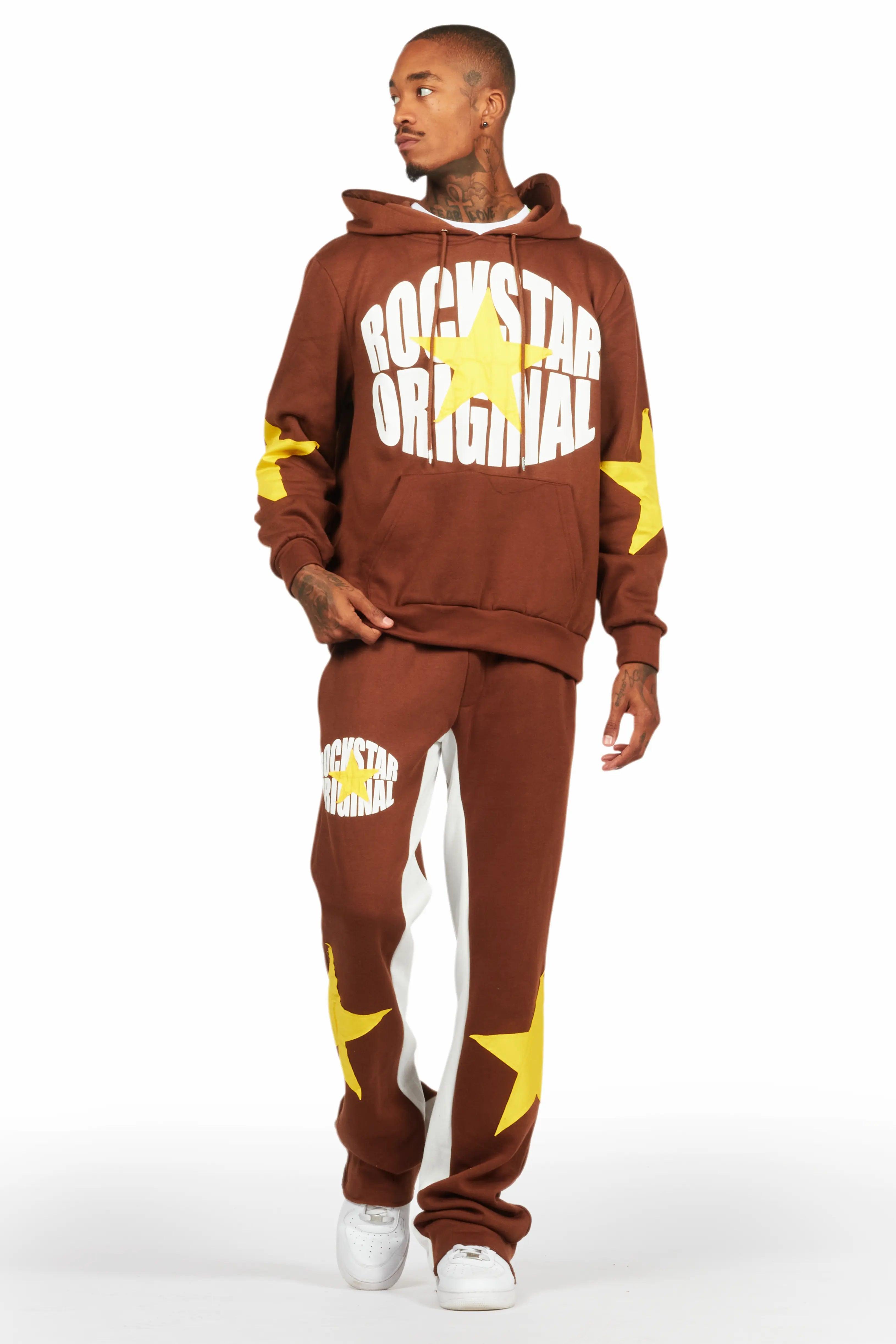 States Brown Baggy Stacked Hoodie Track Set Male Product Image