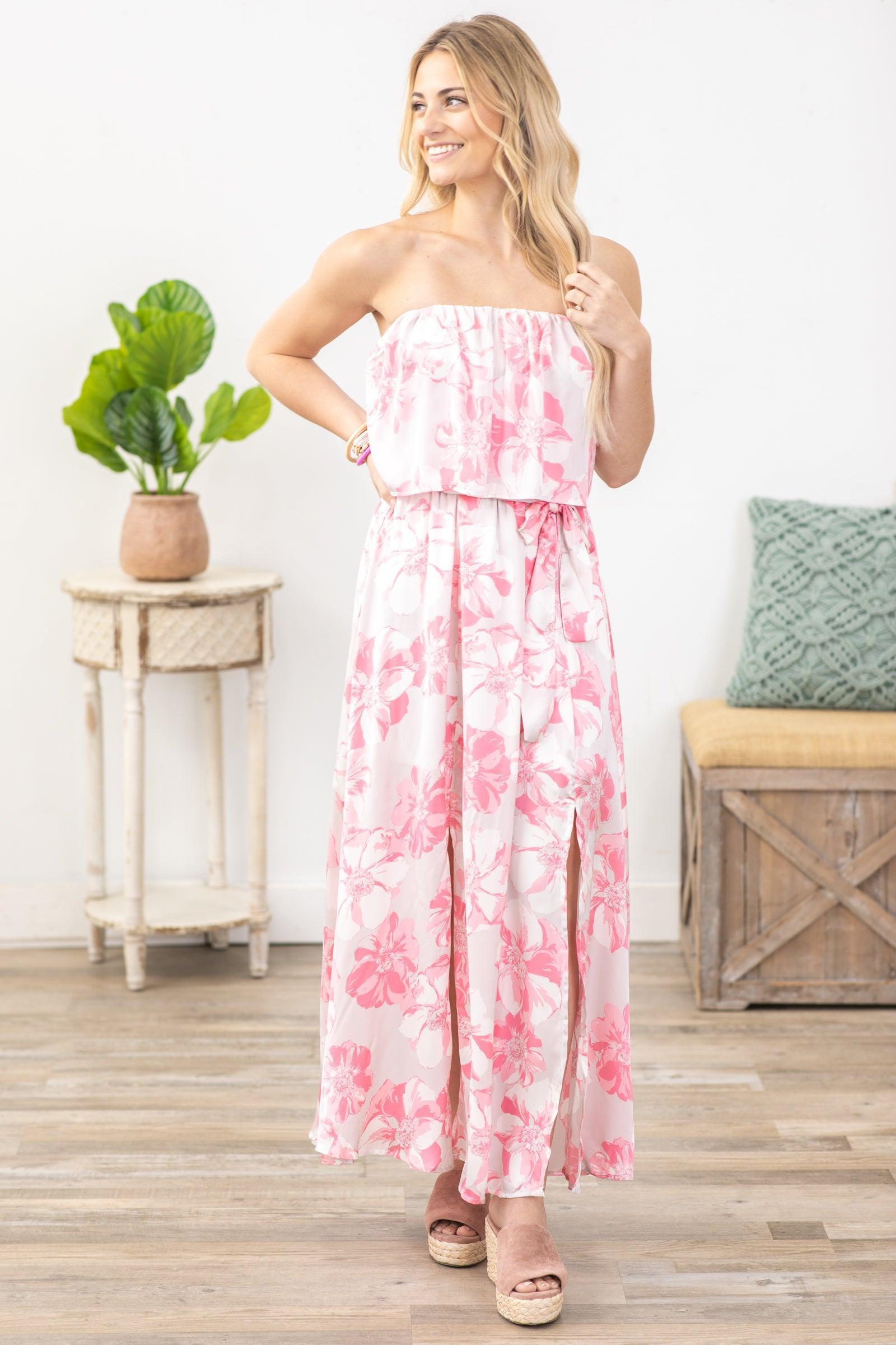 Blush And Grey Floral Maxis Dress With Slits Product Image