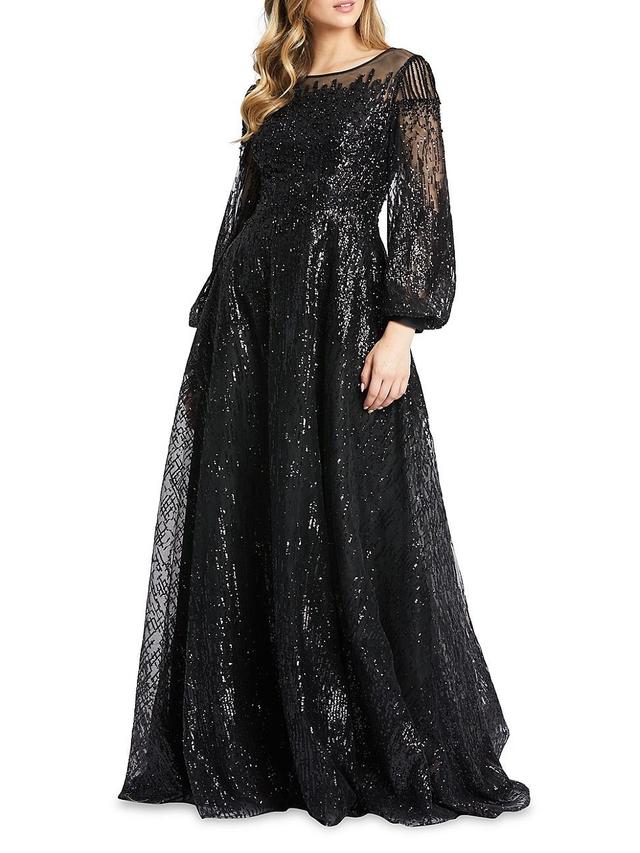 Mac Duggal Womens Jewel Encrusted Illusion Long Sleeve A Line Gown Product Image