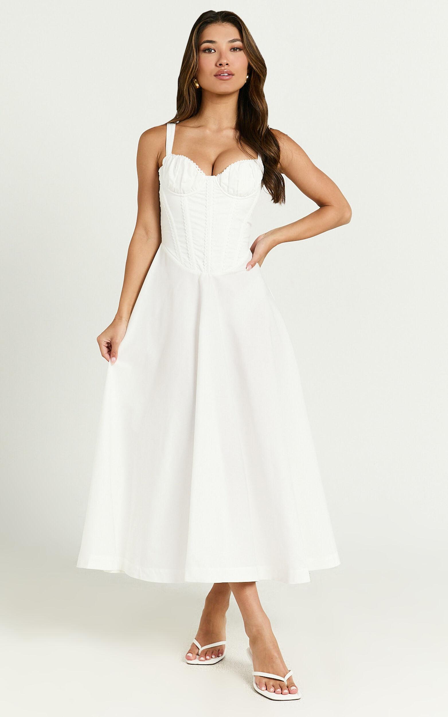 Jonas Midi Dress - Ruched Corset Lace Trim Dress in Ivory Product Image