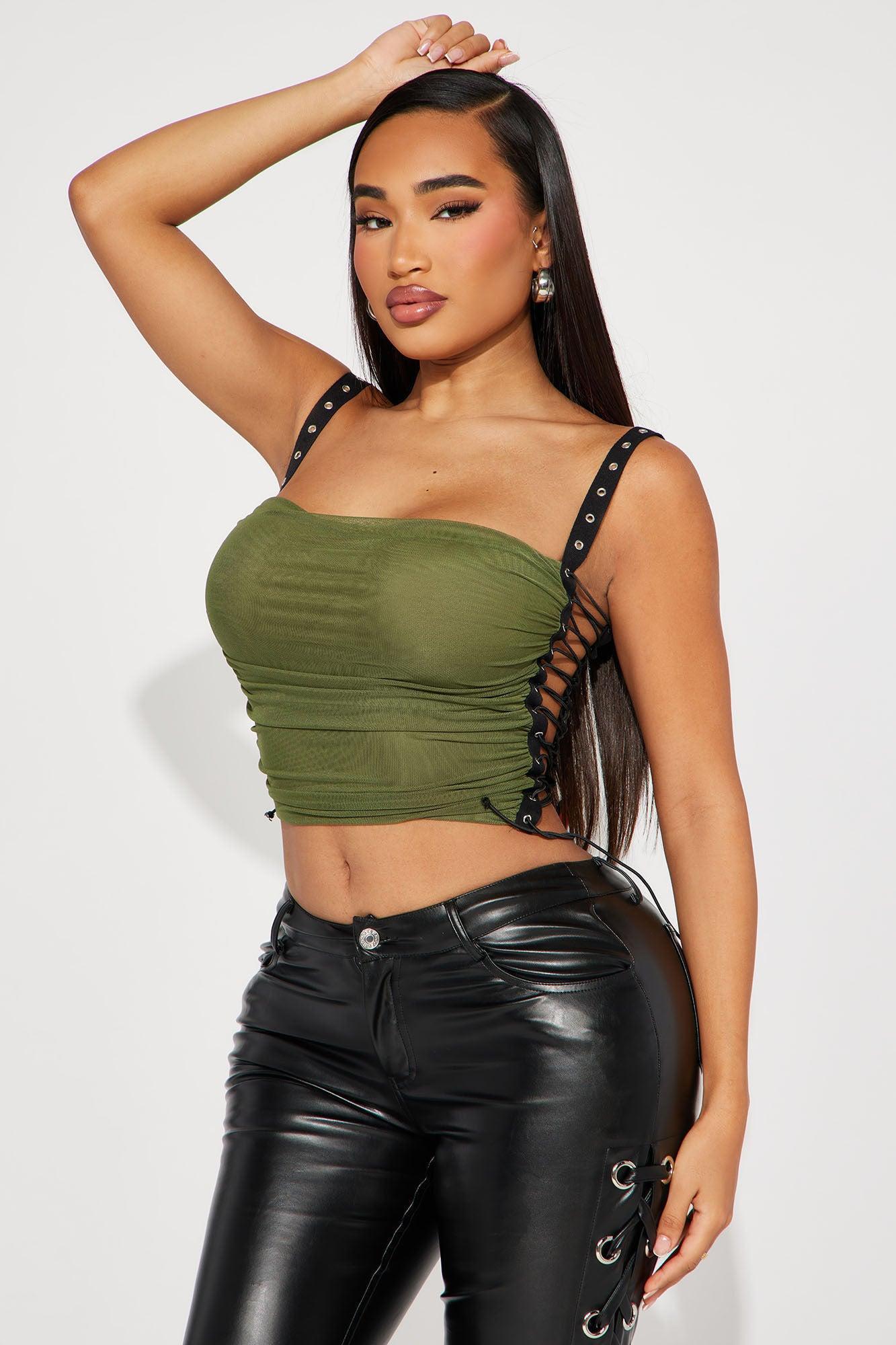 Ariana Lace Up Mesh Top - Olive product image