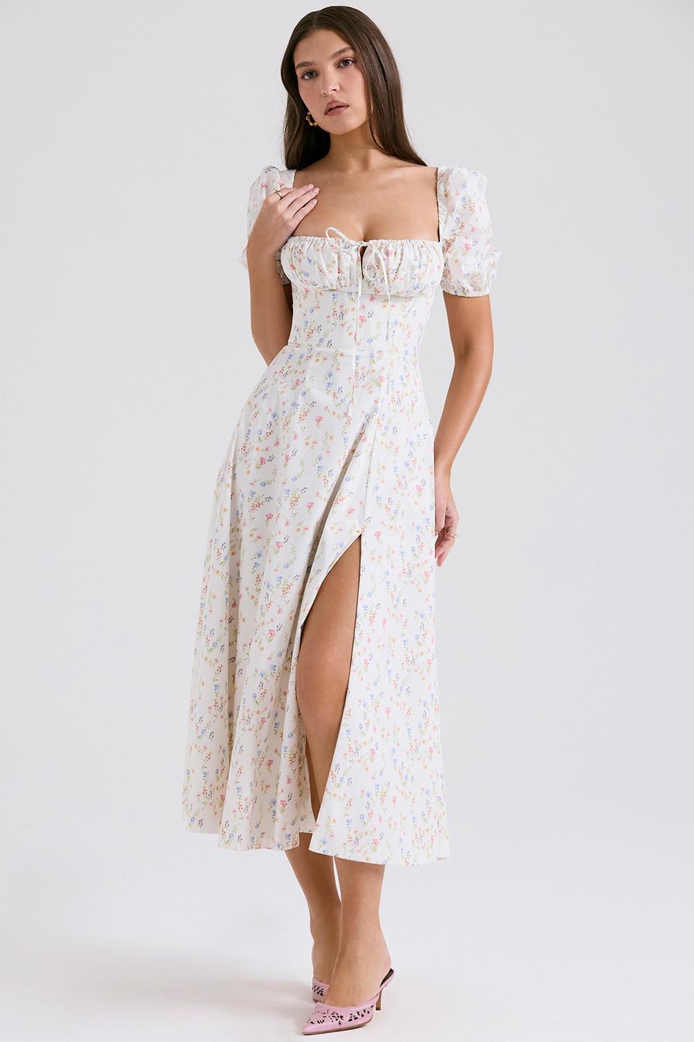 Tallulah White Posy Print Cotton Puff Sleeve Midi Sundress Product Image