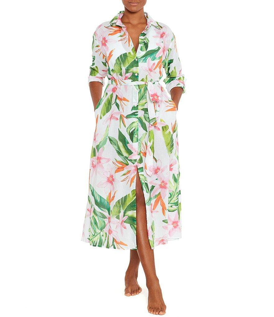 Lauren Ralph Lauren Watercolor Tropical Floral Print Swim Cover-Up Midi Shirt Dress Product Image