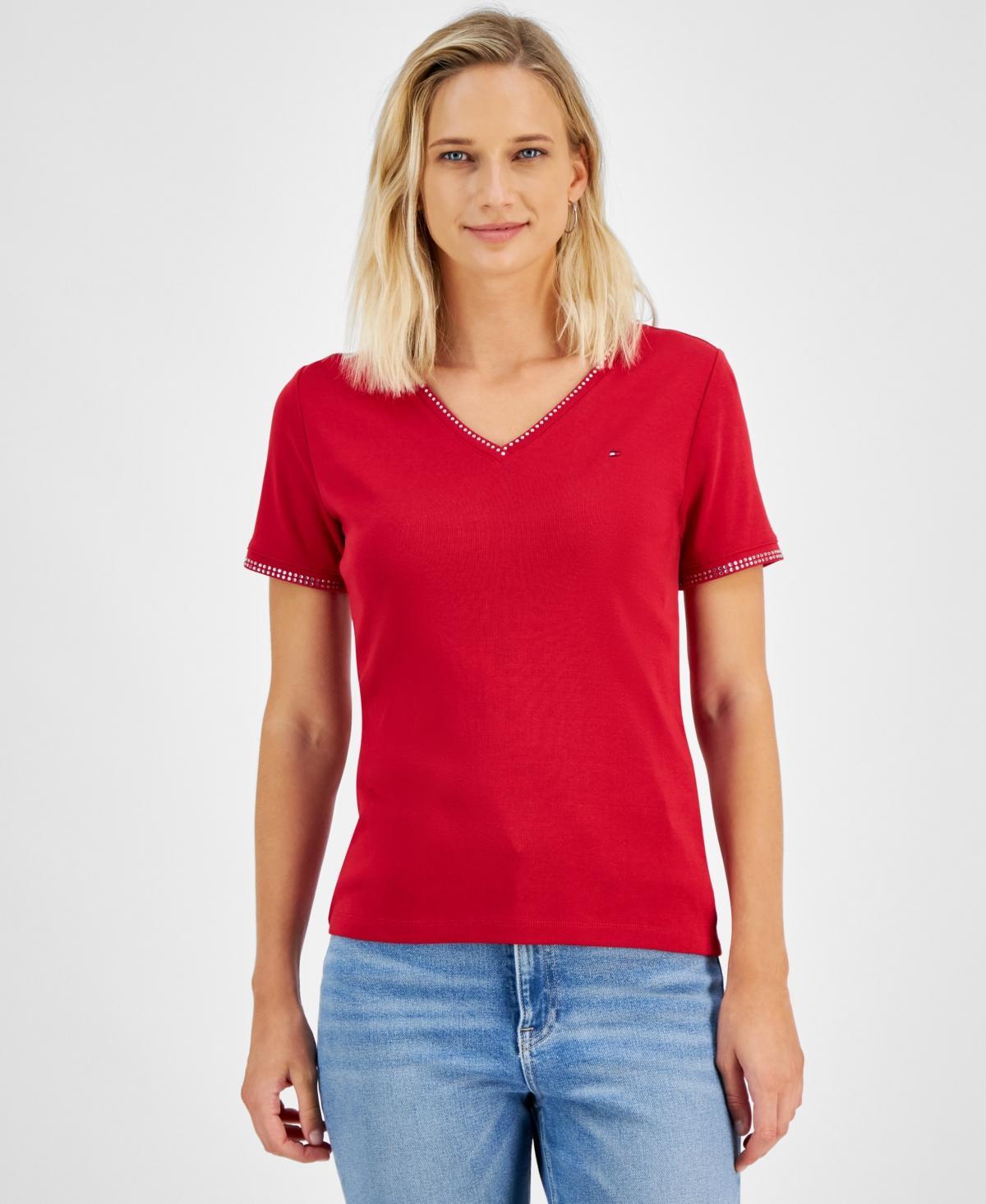 Tommy Hilfiger Womens Embellished V-Neck Cotton T-Shirt product image