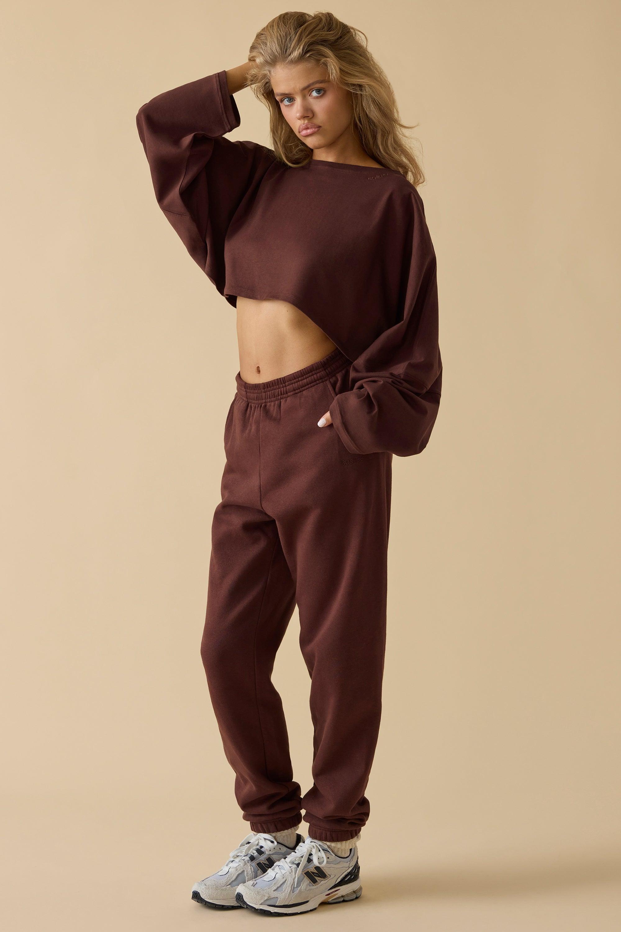 Oversized Long Sleeve Crop Top in Mahogany Product Image