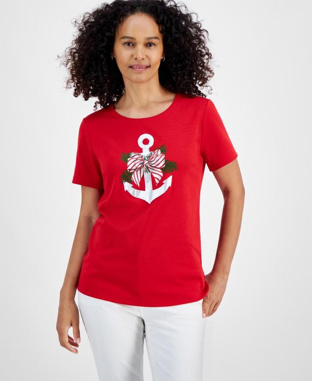 Charter Club Womens Holiday Lane Anchor Crewneck Tee, Created for Macys Product Image