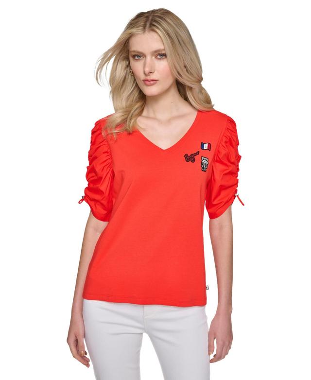 Karl Lagerfeld Paris Womens Ruched-Sleeve V-Neck Top Product Image