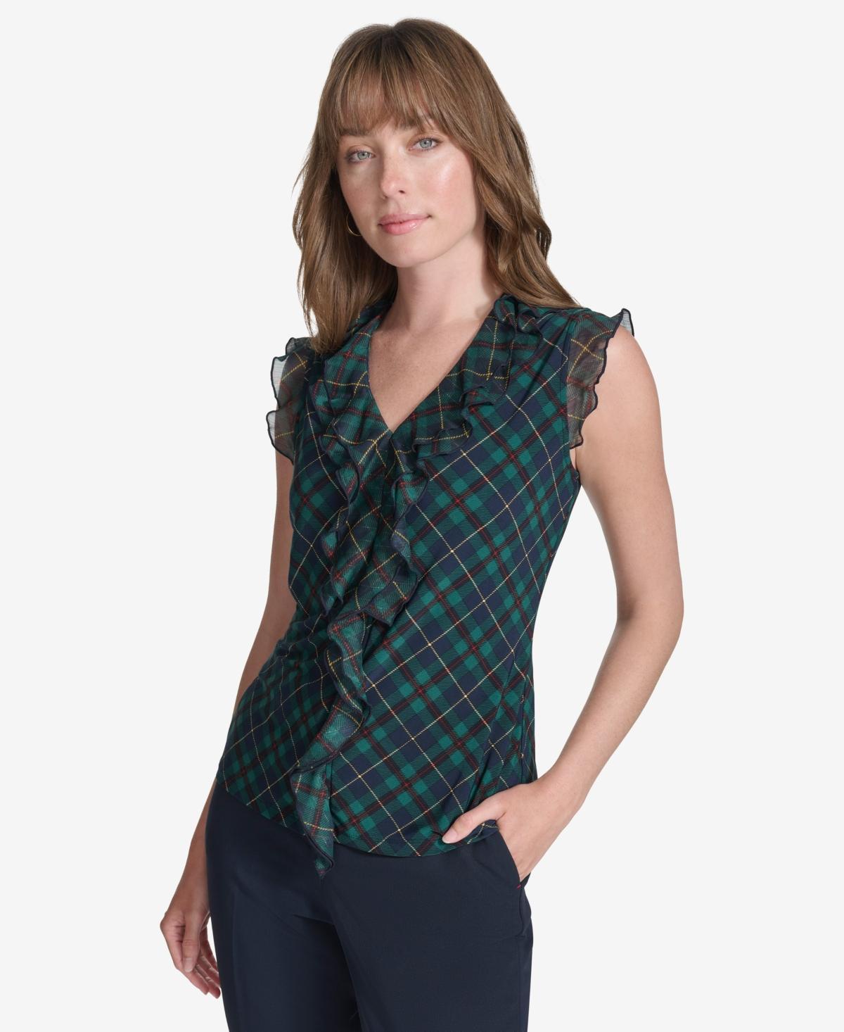 Tommy Hilfiger Womens Plaid Ruffle-Trim Top - Mdnght product image