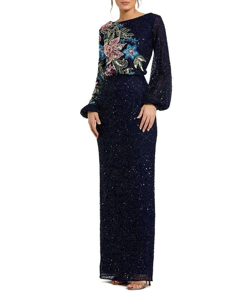 Mac Duggal Floral Beaded Sequin Long Sleeve Blouson Gown Product Image