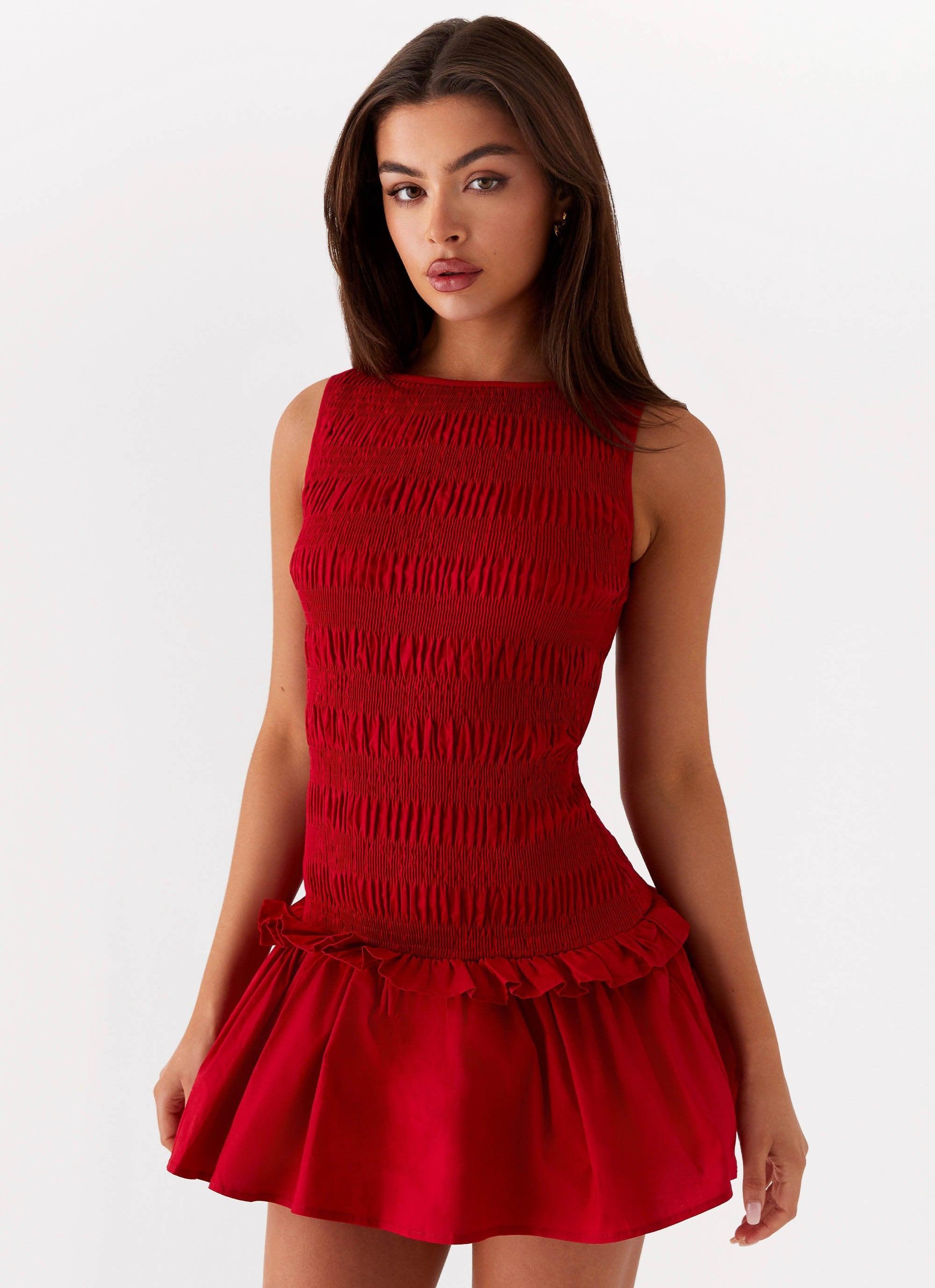 Garden Kisses Shirred Mini Dress - Red Product Image