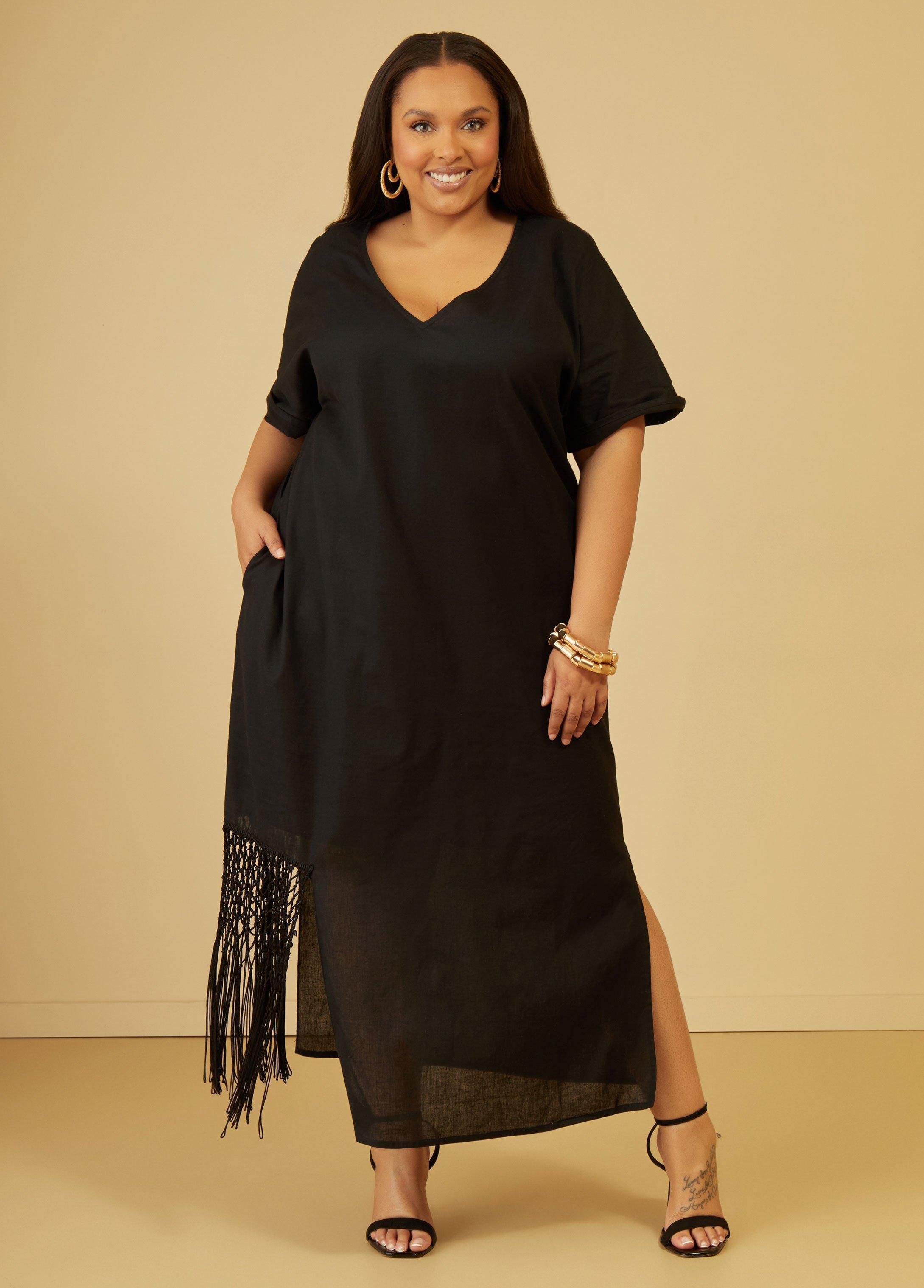 Plus Size Fringed Linen Blend Maxi Dress Ashley Stewart Product Image