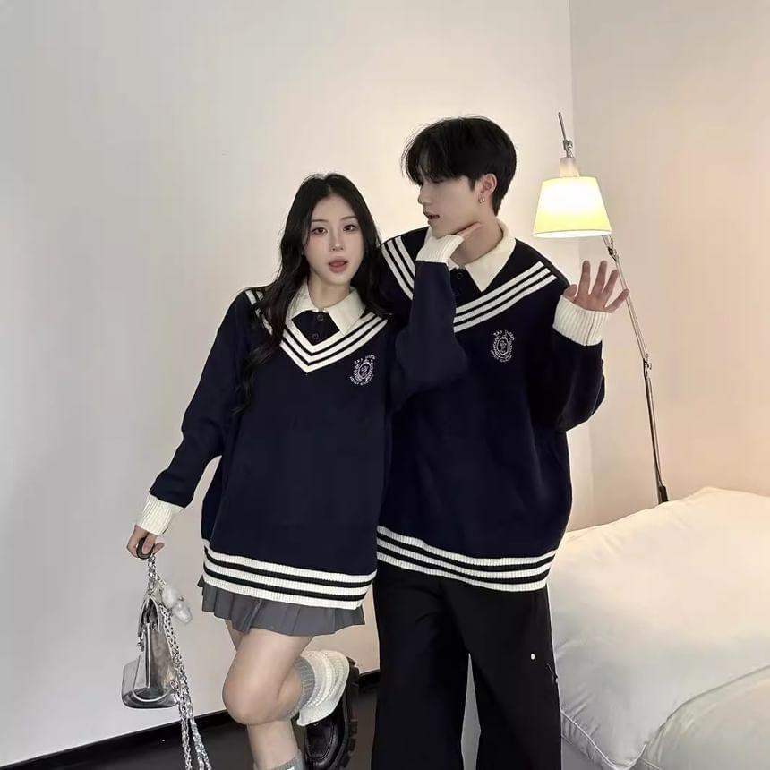 Couple Matching Long Sleeve V-Neck Contrast-Trim Striped Loose-Fit Sweater Product Image