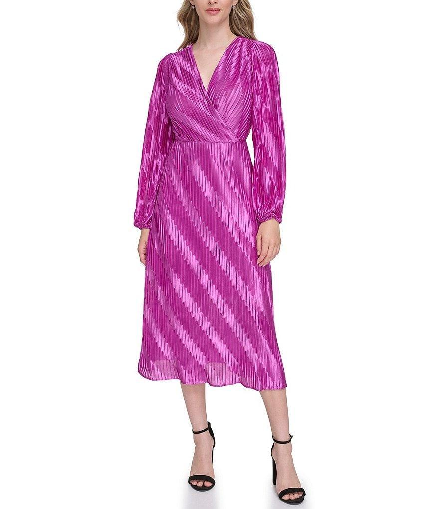 Kensie Pleated Knit Surplice V-Neckline Long Sleeve Faux Wrap Midi Dress Product Image