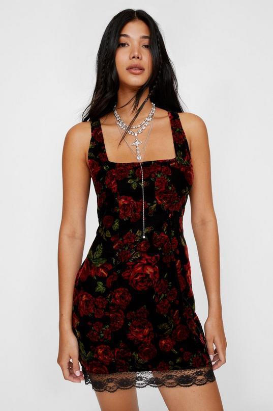 Velvet Rose Lace Trim Mini Dress Product Image