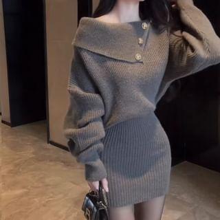 Long-Sleeve Flap Knit Mini Sheath Dress Product Image