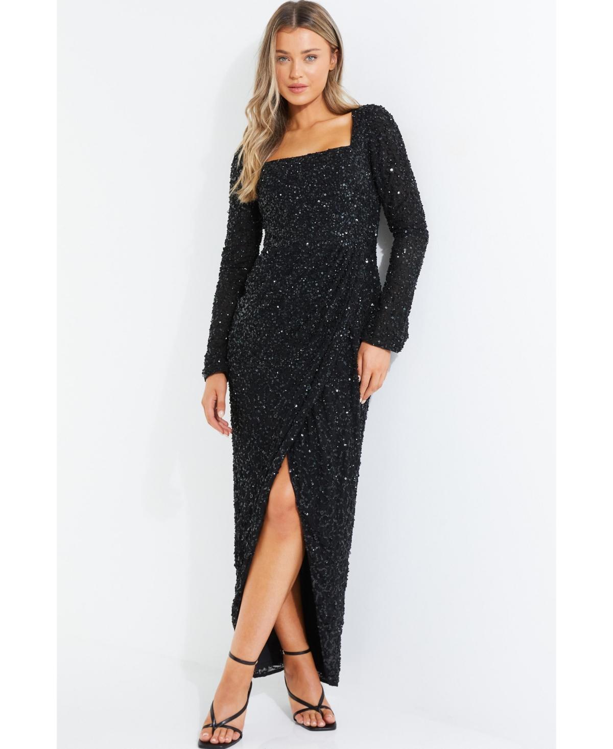 Quiz Womens Long Sleeve Sequin Wrap Evening Dress Product Image