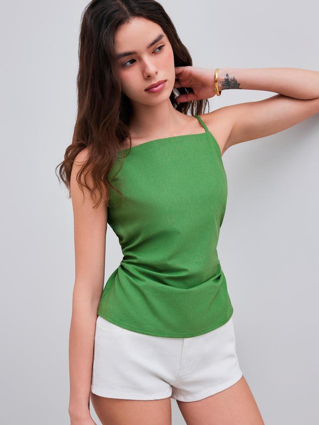 Linen-blend Square Neck Solid Ruched Knotted Cami Top Product Image