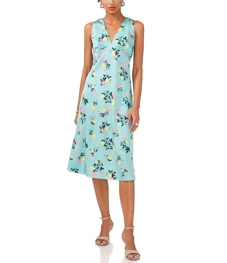 1. STATE Floral Print V-Neck Sleeveless Gathered Empire Waist Midi Dress Product Image