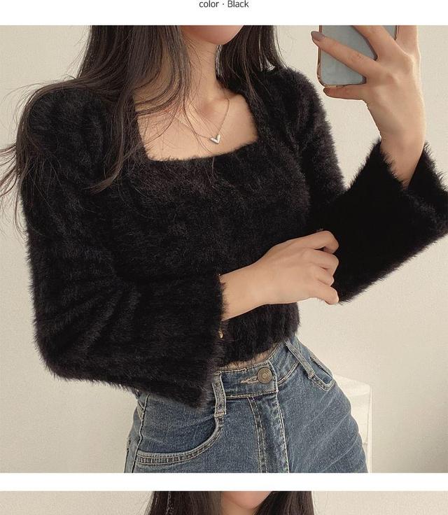 Long Sleeve Square Neck Faux Mink Wool Cropped Sweater Product Image