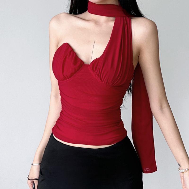 Scarf Collar Plain Ruched Slim-Fit Tube Top Product Image