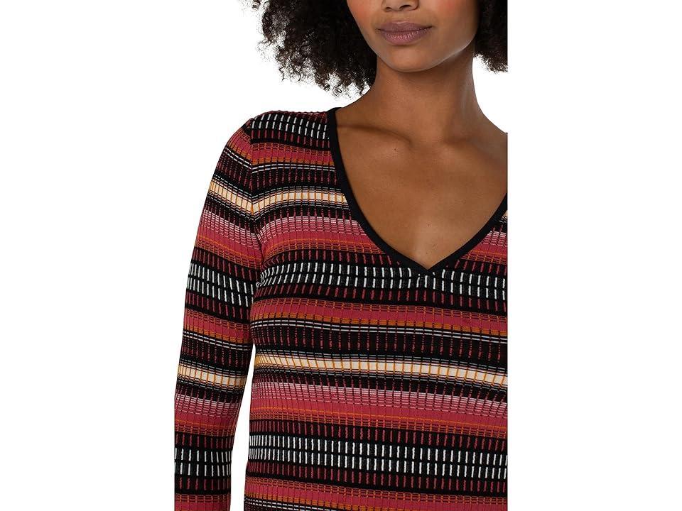 Liverpool Los Angeles 3/4 Sleeve V-Neck Knit Top with Contrast (Multicolor Abstract Stripe) Women's Clothing Product Image