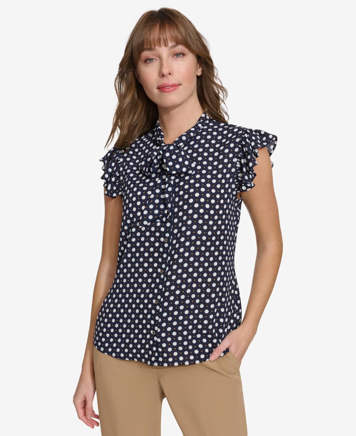 Tommy Hilfiger Womens Flutter-Sleeve Dot-Print Blouse - Midnight Product Image