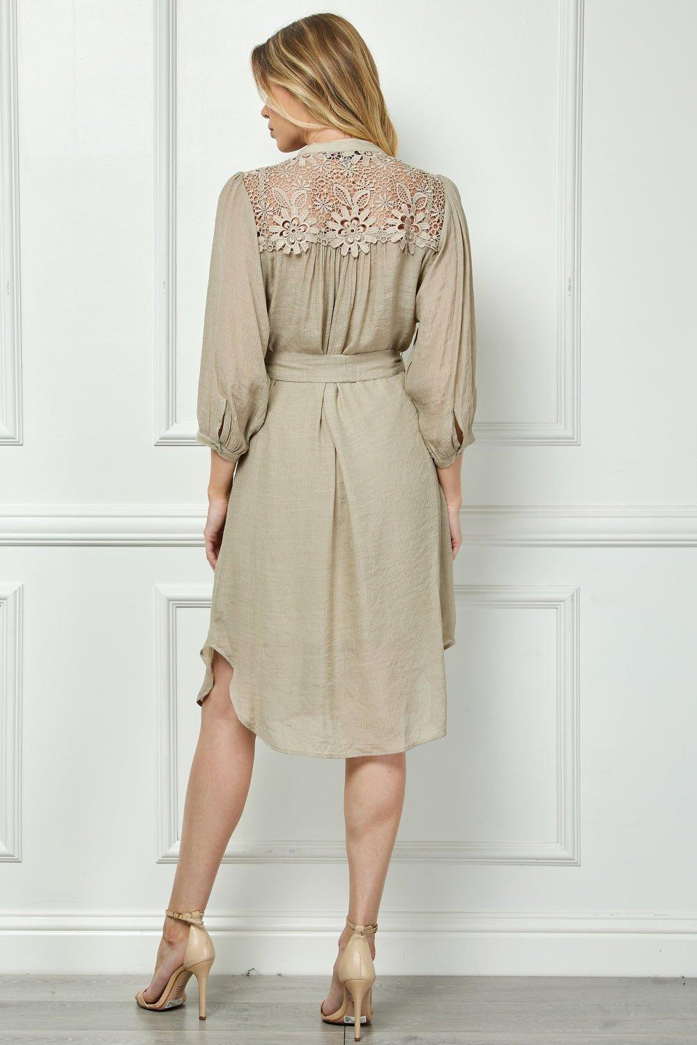 Button Front Yoke Neck Dress With Lace Shoulders Product Image