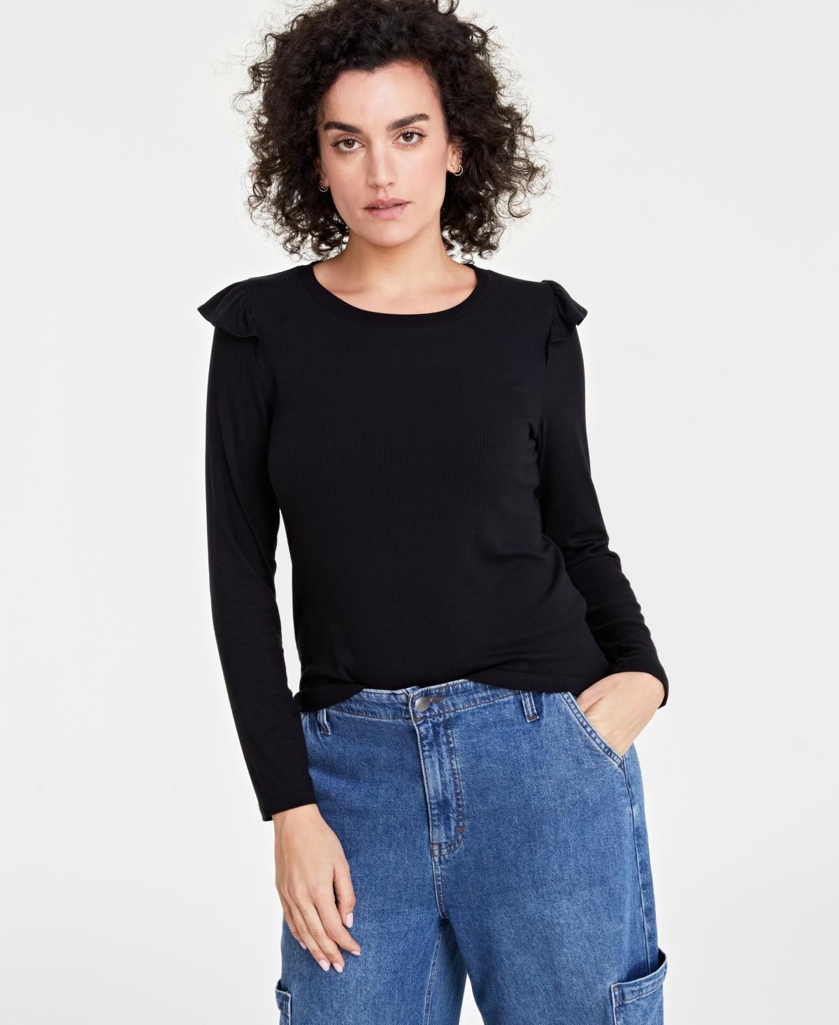 On 34th Womens Ruffle-Trim Ribbed Long-Sleeve Top, Created for Macys Product Image