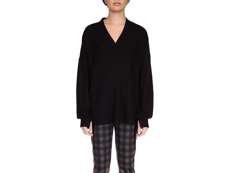 Sanctuary Cozy V-Neck Waffle Tunic (Black) Women's Clothing Product Image