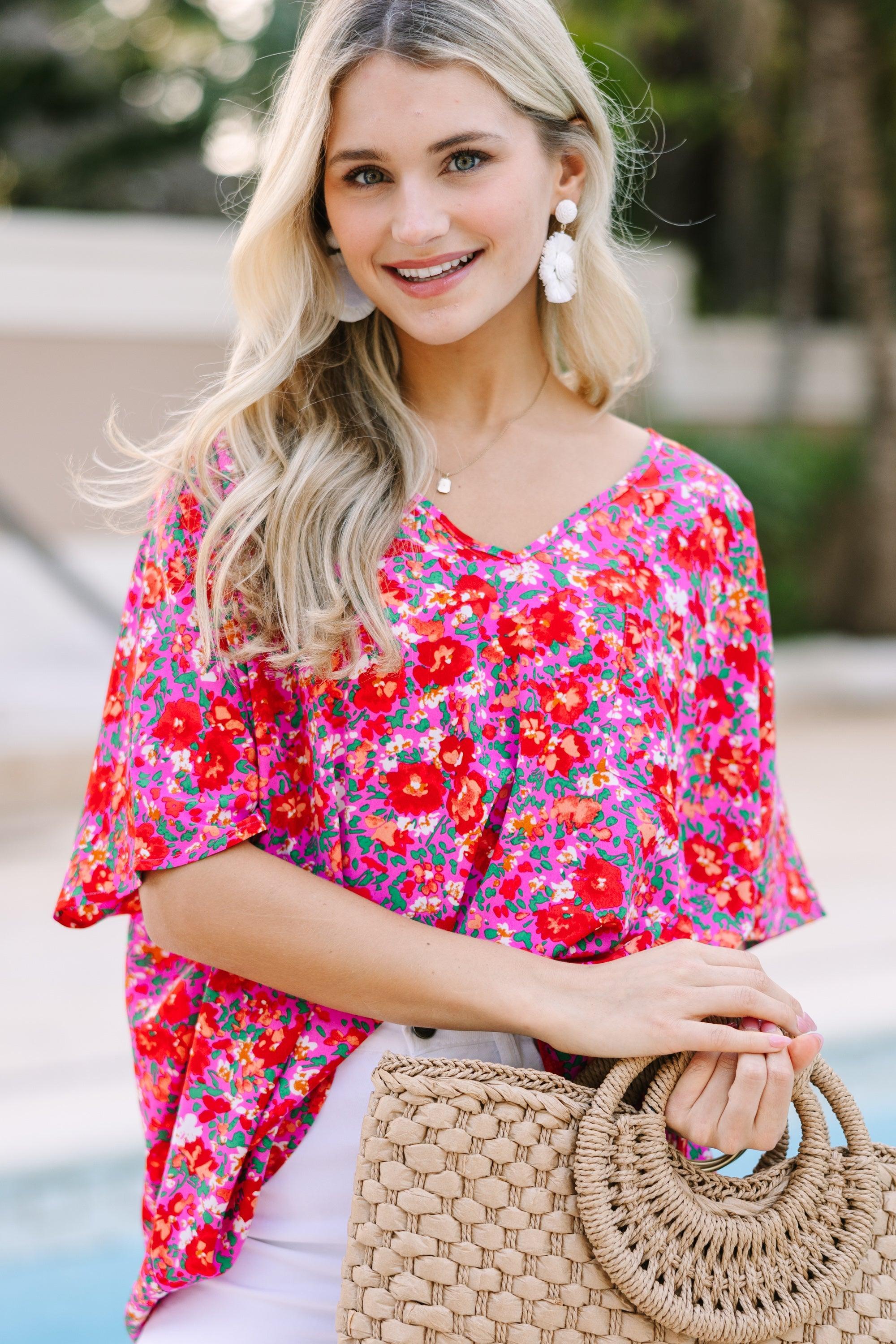 Couldn't Be Better Fuchsia Pink Ditsy Floral Top Female Product Image