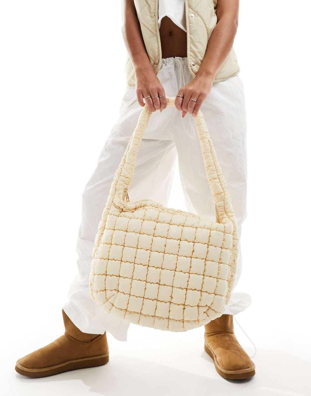 Glamorous oversized padded shoulder bag in cream nylon Product Image