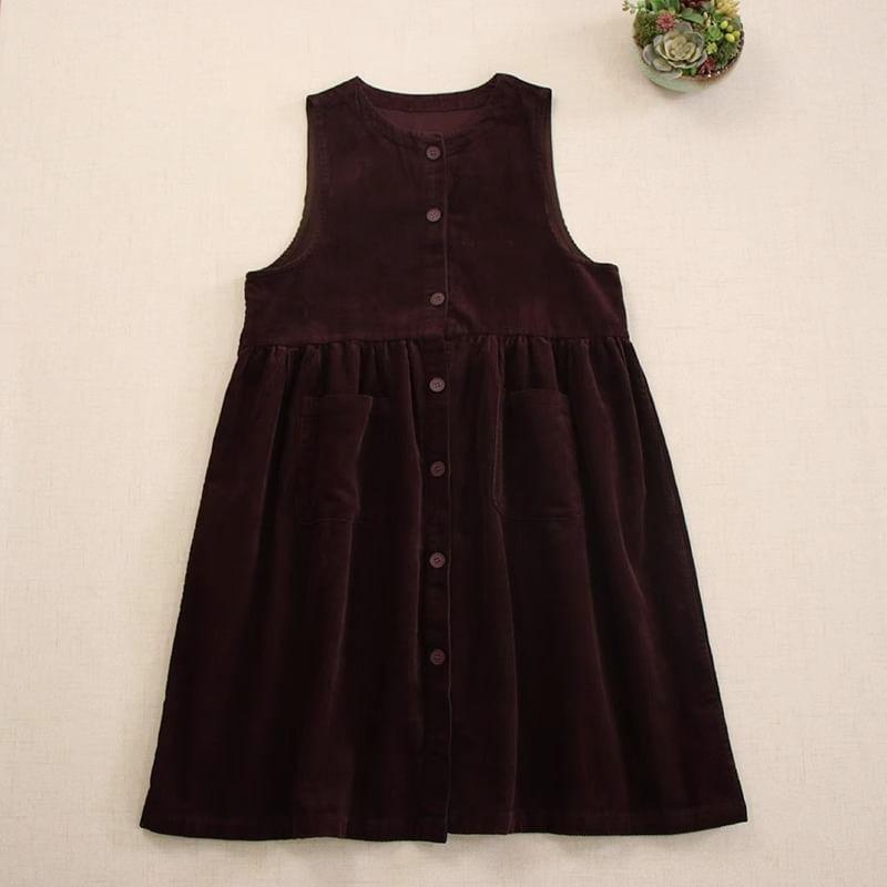 Plain Pocket Detail Corduroy Midi Overall Dress Product Image