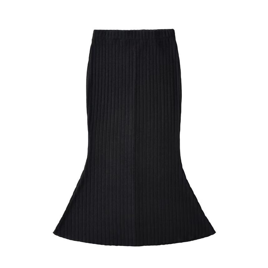 High Waist Plain Ribbed-Knit Midi Pencil Skirt Product Image