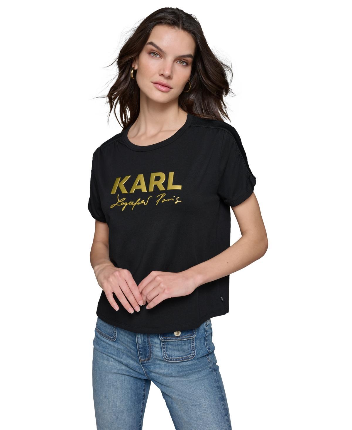 Karl Lagerfeld Paris Womens Metallic-Logo Ruched-Sleeve T-Shirt Product Image