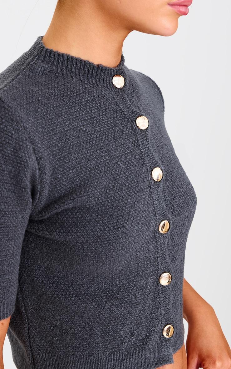 Charcoal Button Up Cap Sleeve Boucle Knit Cardigan Product Image