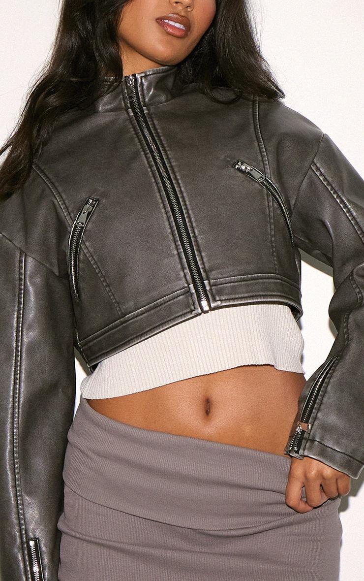 Grey Distressed Faux Leather Cropped Zip Front Biker Jacket Product Image