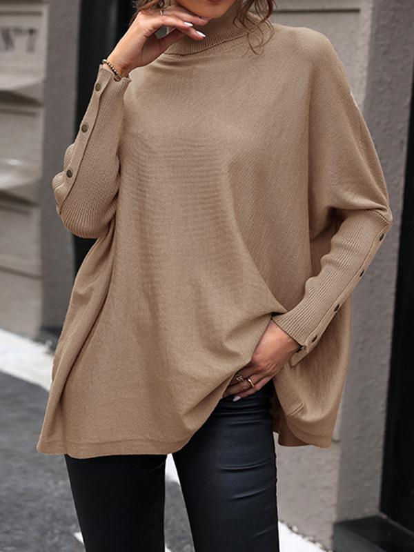 Batwing Sleeves Long Sleeves Buttoned Solid Color Split-Joint High Neck Pullovers Sweater Tops Product Image