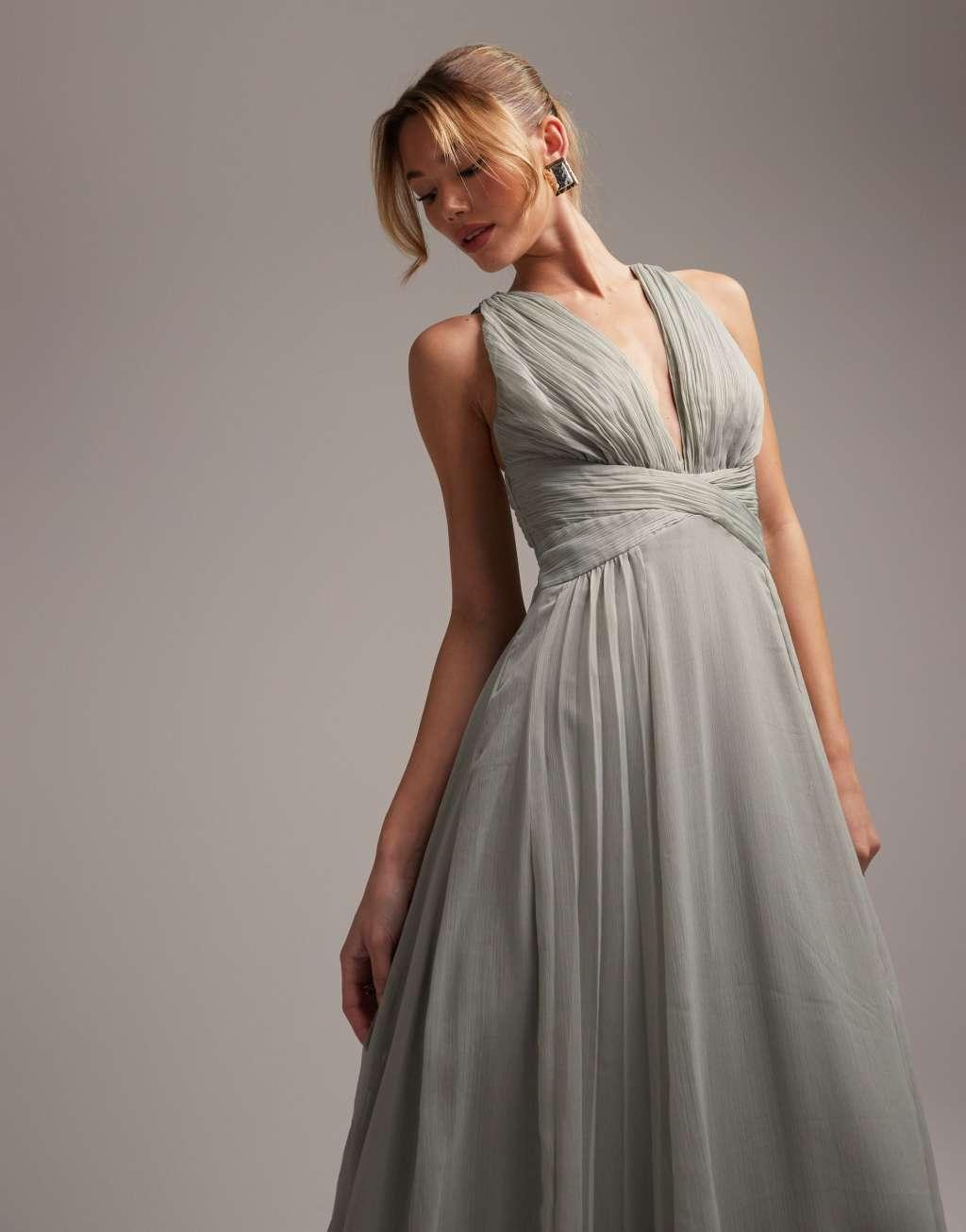 ASOS DESIGN Bridesmaid ruched bodice drape maxi dress with wrap waist in Olive Product Image