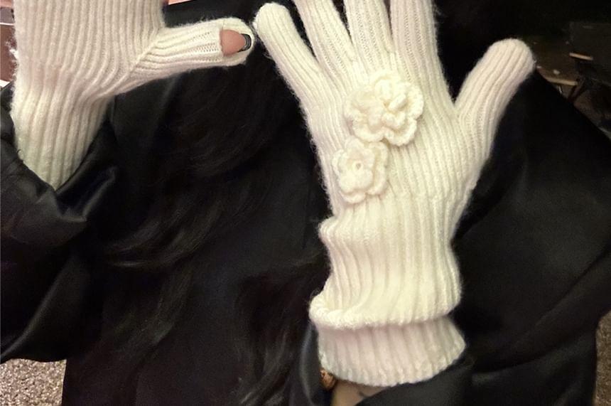 Set: Flower Accent Ribbed Knit Beanie + Gloves Product Image