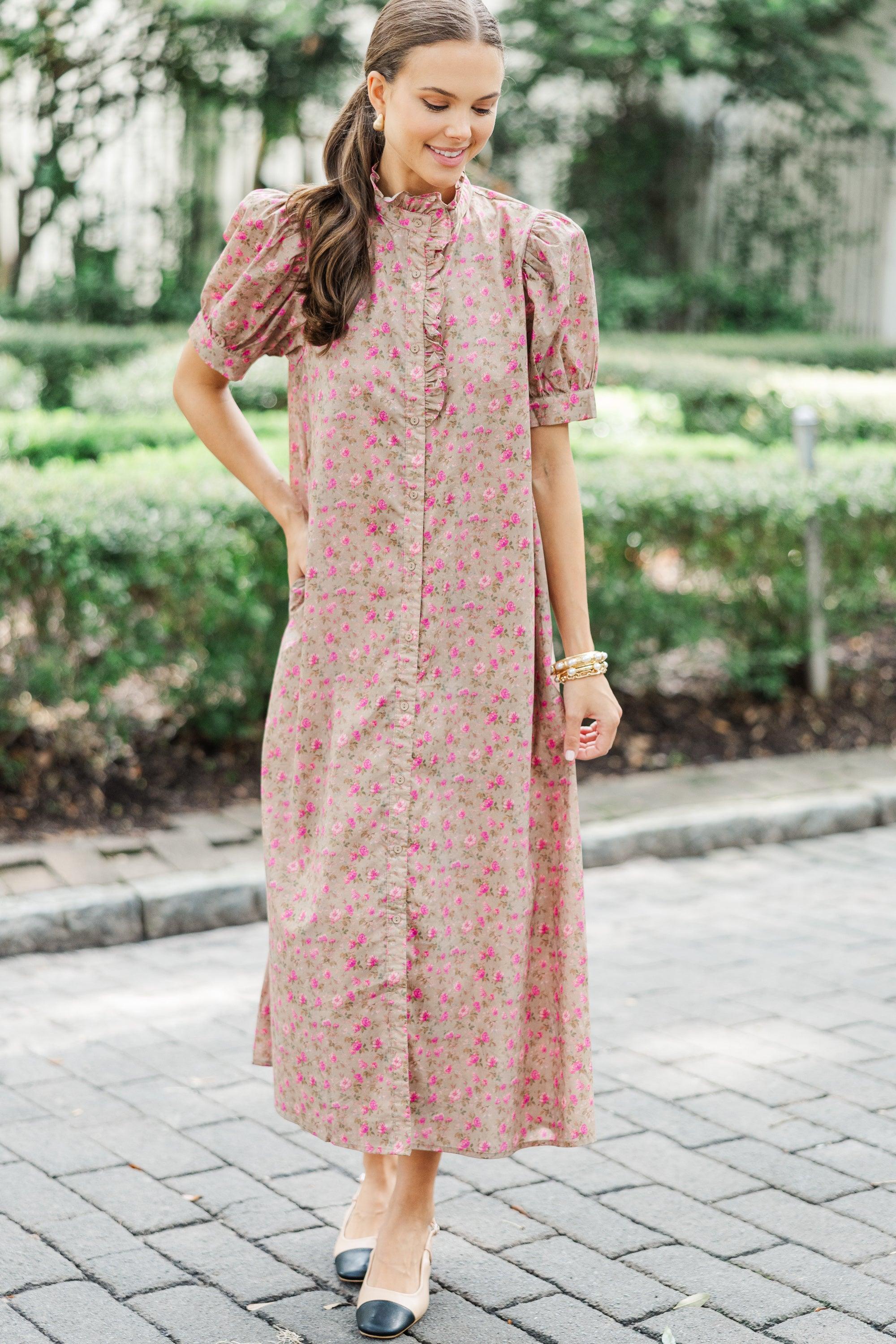 Living In A Fairy Tale Camel Brown Ditsy Floral Midi Dress Female product image