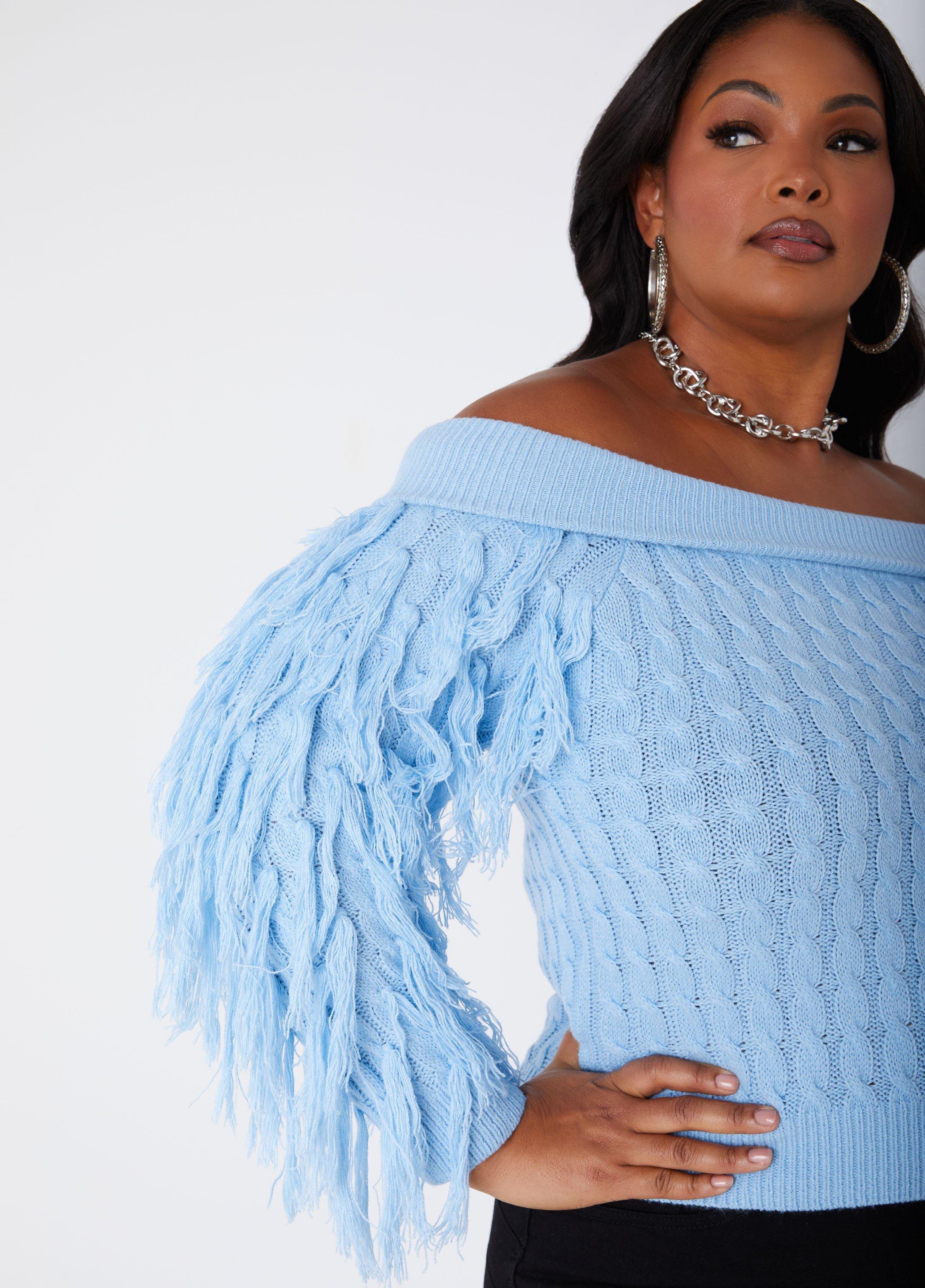 Plus Size Off The Shoulder Fringed Sweater Ashley Stewart Product Image