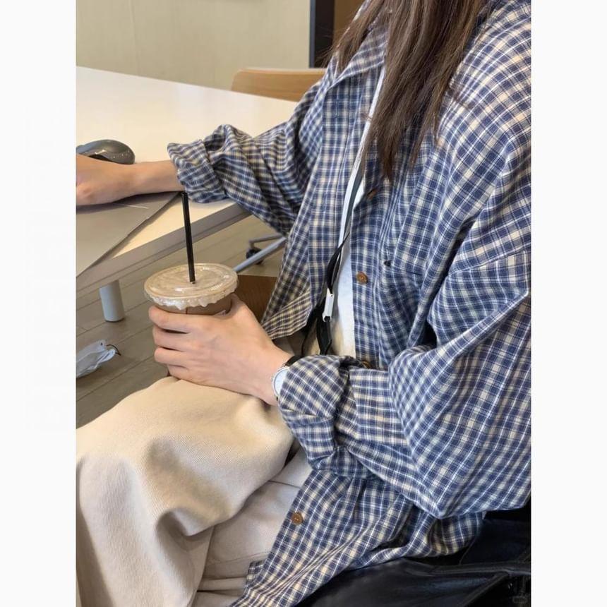 Long-Sleeve Plaid Oversized Shirt Product Image